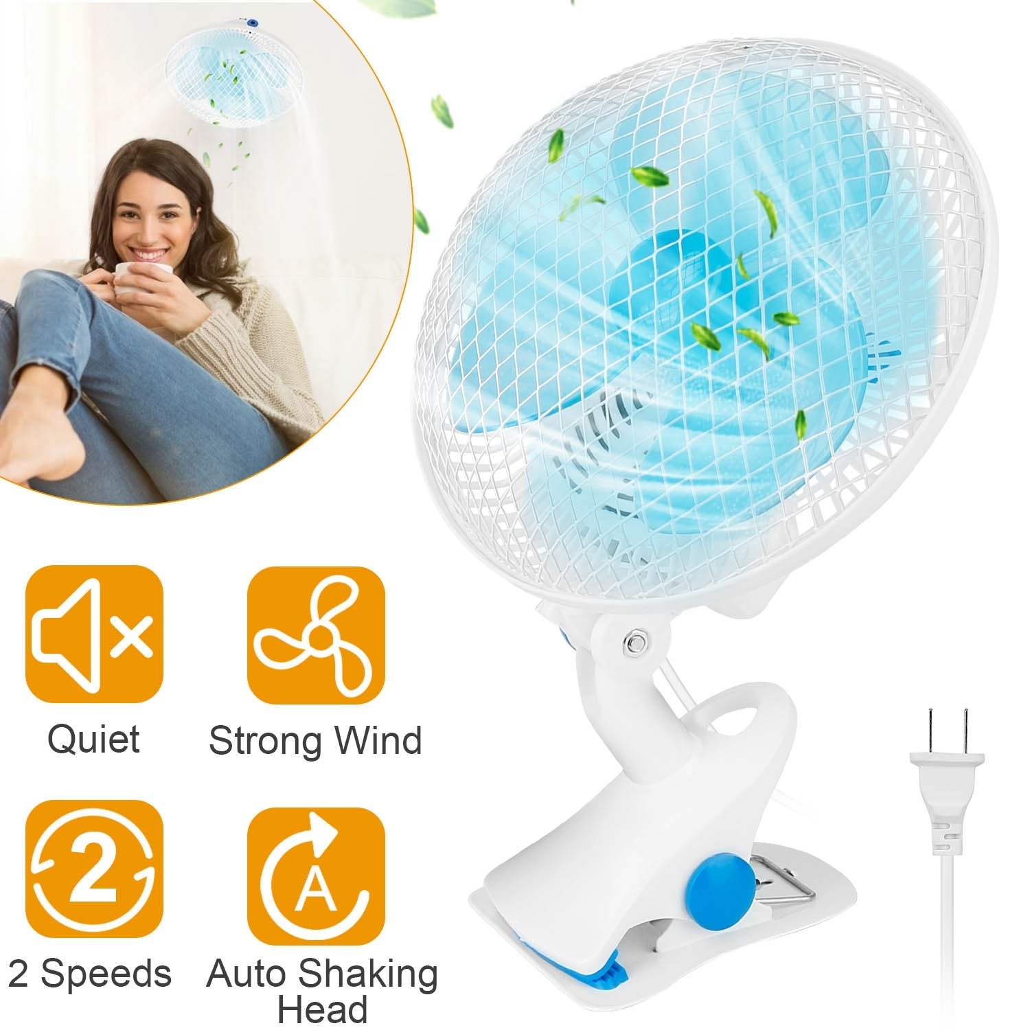1Pc Clip On Fan 2 Speeds Quiet Clamp Fan Adjustable Tilt Auto Shaking Fan Wall Mount Personal Fan For Desk Office Home Baby Strollers Table Tops With 3.94FT Cord