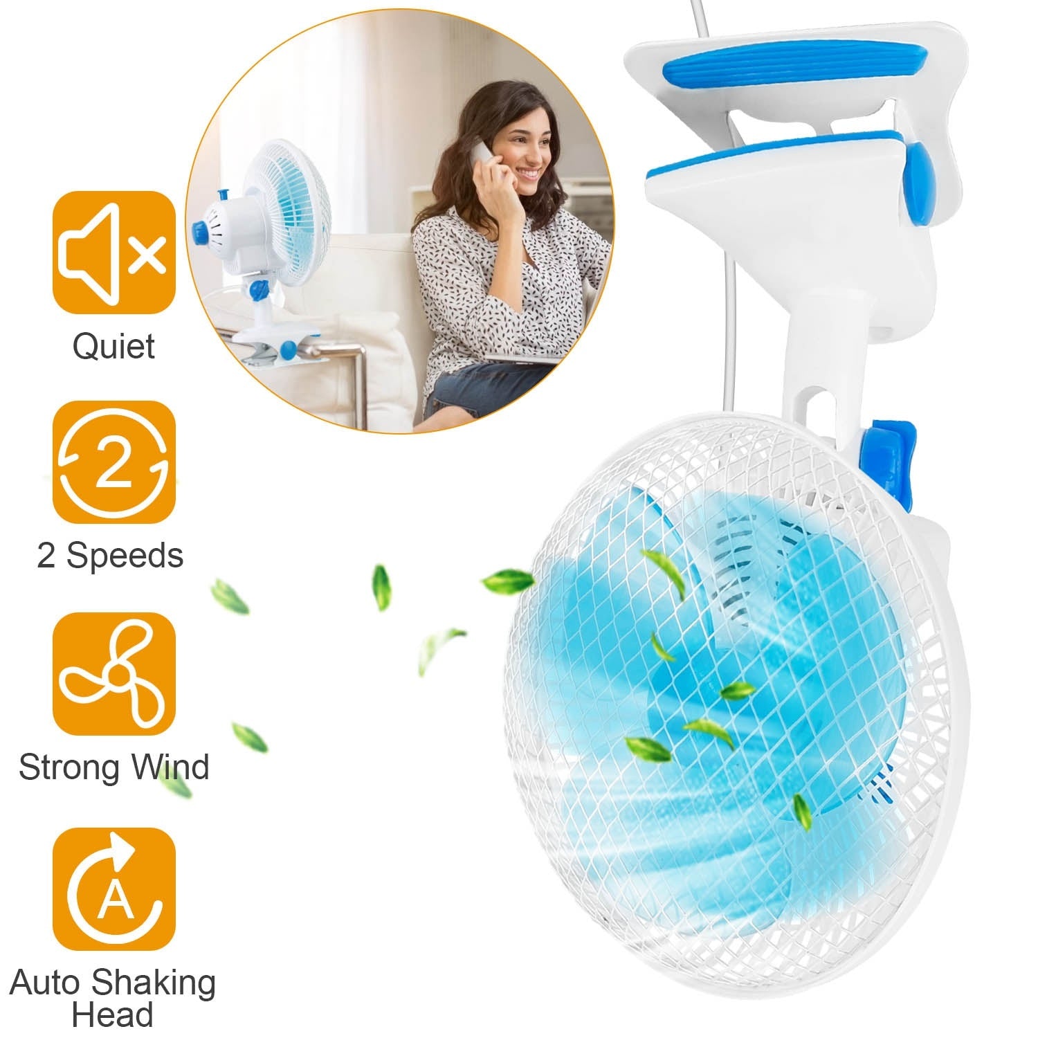 1Pc Clip On Fan 2 Speeds Quiet Clamp Fan Adjustable Tilt Auto Shaking Fan Wall Mount Personal Fan For Desk Office Home Baby Strollers Table Tops With 3.94FT Cord