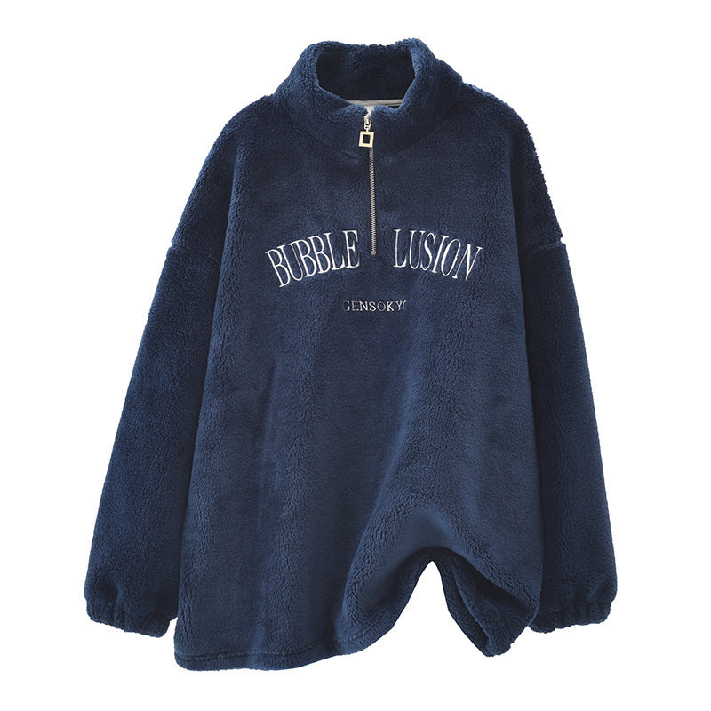 Velvet Padded Loose Mid-length Half Zipped Stand Collar Sweater