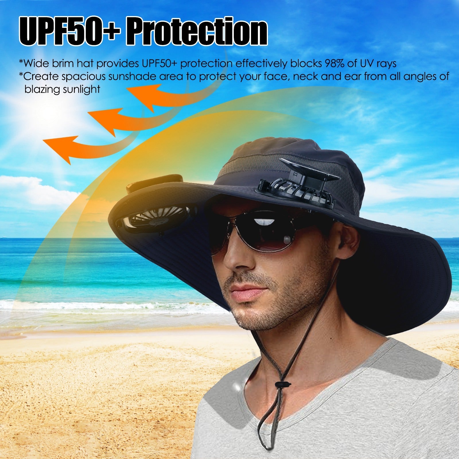 1Pc Outdoor Wide Brim Sun Hat With 2 Rechargeable Fans Solar Powered 3 Wind Speeds UPF50 Breathable Waterproof Nylon Mesh Outdoor Hat For Hiking Camping Hunting Fishing
