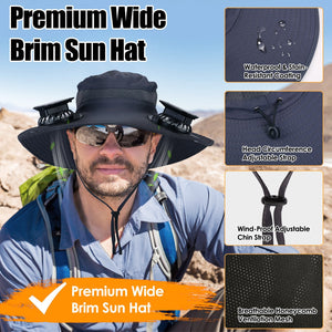 1Pc Outdoor Wide Brim Sun Hat With 2 Rechargeable Fans Solar Powered 3 Wind Speeds UPF50 Breathable Waterproof Nylon Mesh Outdoor Hat For Hiking Camping Hunting Fishing