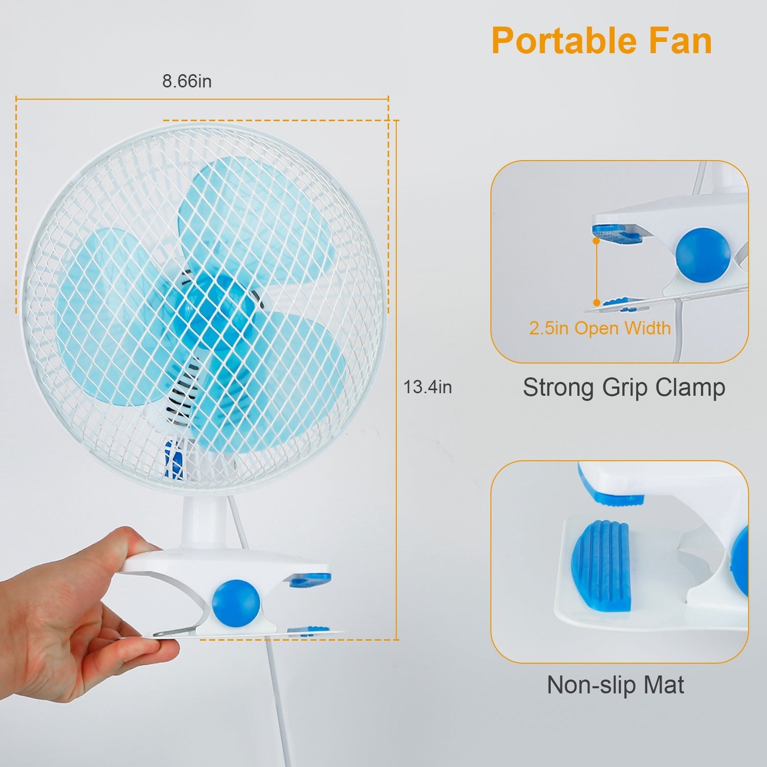 1Pc Clip On Fan 2 Speeds Quiet Clamp Fan Adjustable Tilt Auto Shaking Fan Wall Mount Personal Fan For Desk Office Home Baby Strollers Table Tops With 3.94FT Cord